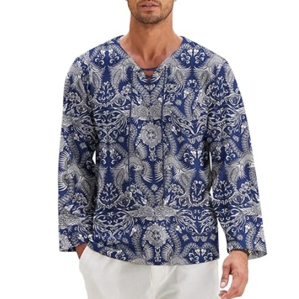 Mens Linen Beach T Shirt Cotton V Neck Yoga Long Sleeve Tunic Blue - Picture 6 of 6
